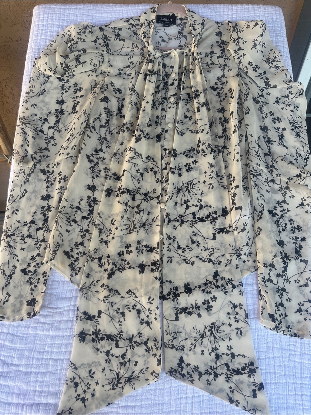 Bardot Cream and Black Floral Tie-Neck Blouse